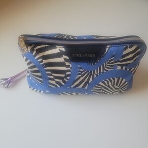 ESTEE LAUDER blue black and white cosmetic bag travel pouch with gold zip